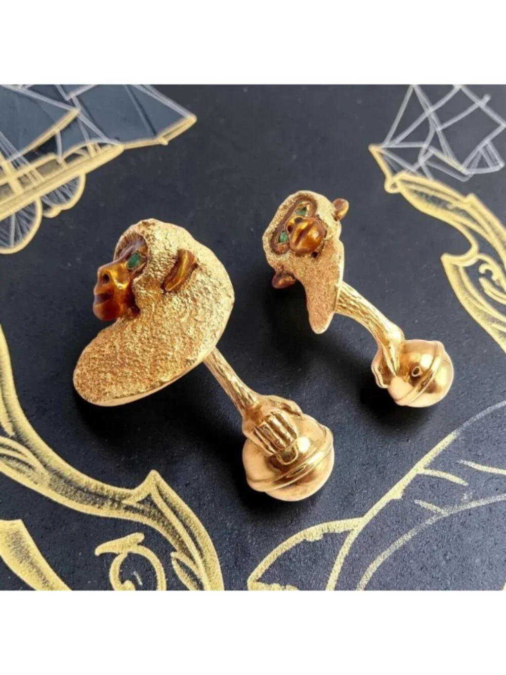 Vintage Tiffany & Co. 18k Yellow Gold Emerald Enamel Monkey Cufflinks 1991
